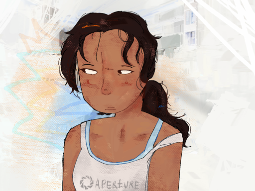 Desenho da personagem Chell do jogo Portal.