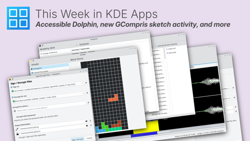 The cover of the latest This Week in KDE Apps, showing screenshots of games and apps that have been recently improved.