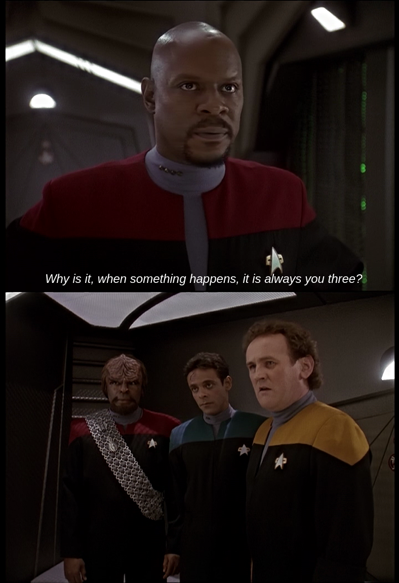 Parody of the Harry Potter "it is always you three" meme, but with Worf, Bashir and O'brien